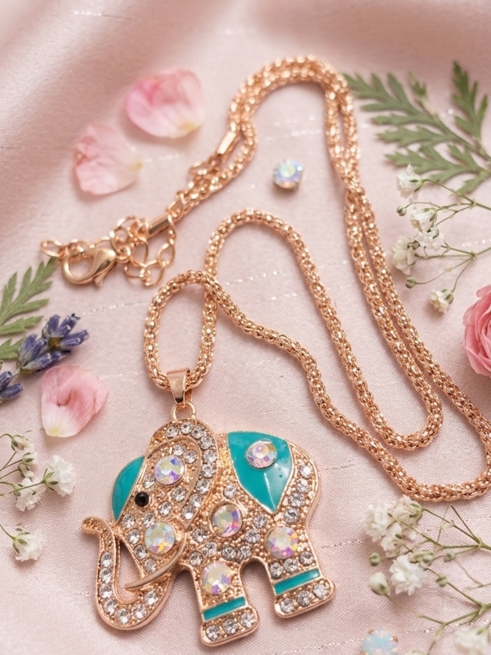 Rose Gold Tone Elephant Pendant Necklace with Crystal Accents